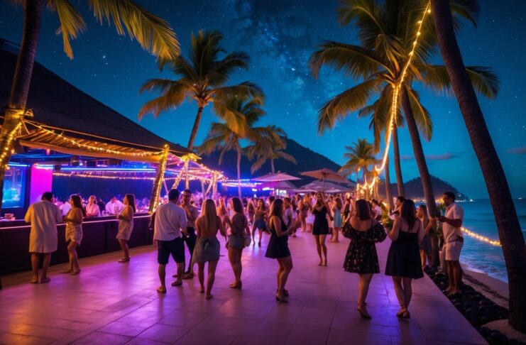 Suasana festival musik dan hiburan malam di Bali dengan wisatawan dan panggung pertunjukan